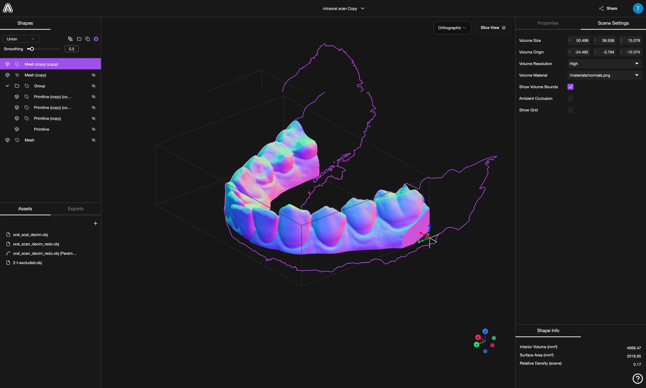 Metafold application showing a color-shaded dental scan with geometry and scene controls