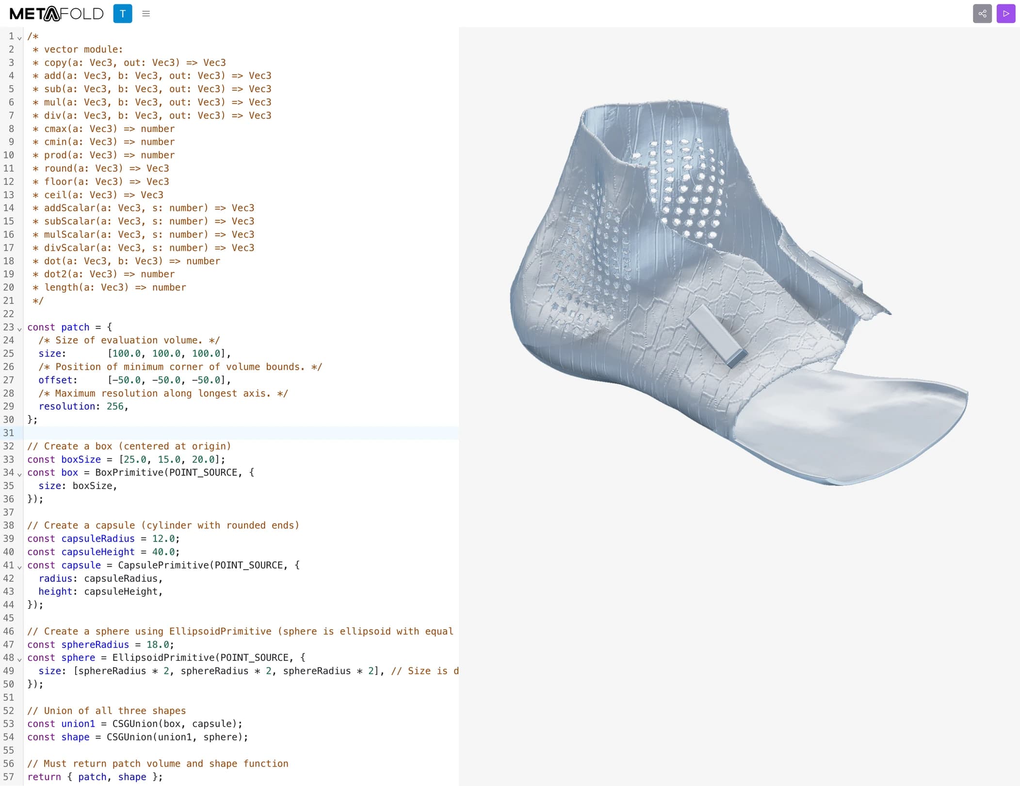 Metafold development demo with geometry code beside a rendered orthotic shell