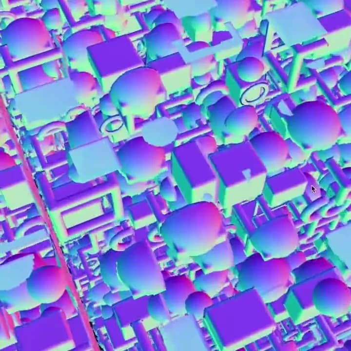 A moving view of repeated rounded and cuboid geometry with multicolored directional shading