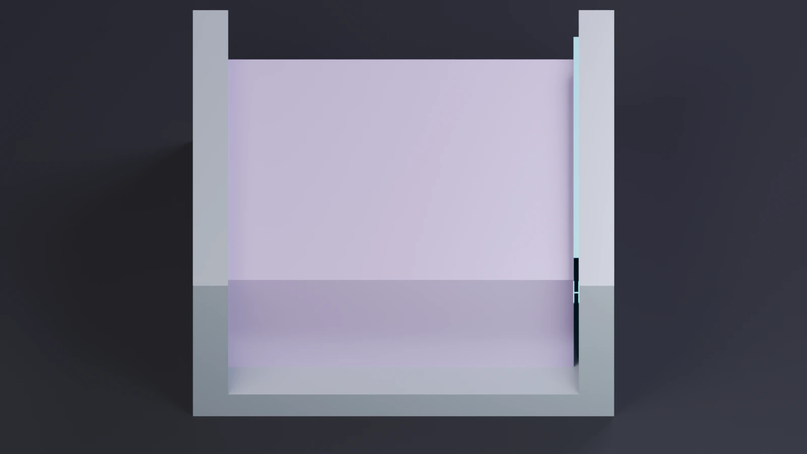 A purple block seated against the left side of a gray pocket, with a positive nominal gap at the right wall
