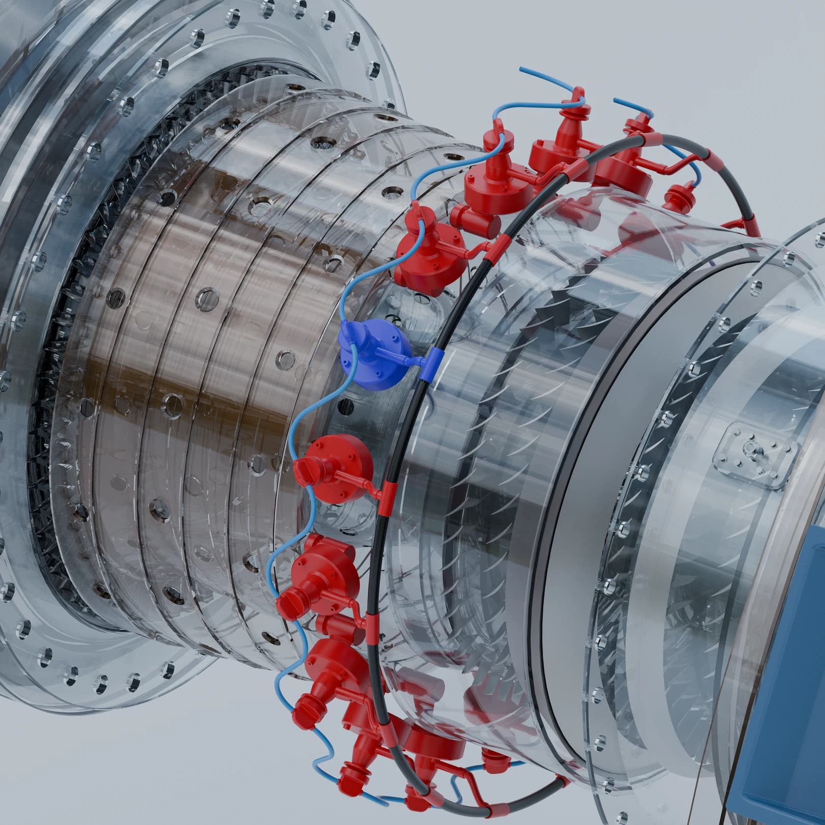 A transparent turbine assembly with selected similar components highlighted in red and blue