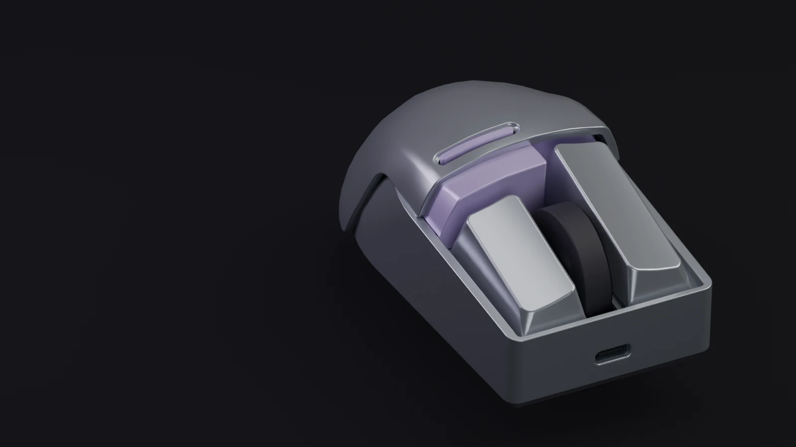 Illustrative mouse cutaway showing the wheel and housing interface explored in a StackUp 3D tolerance study