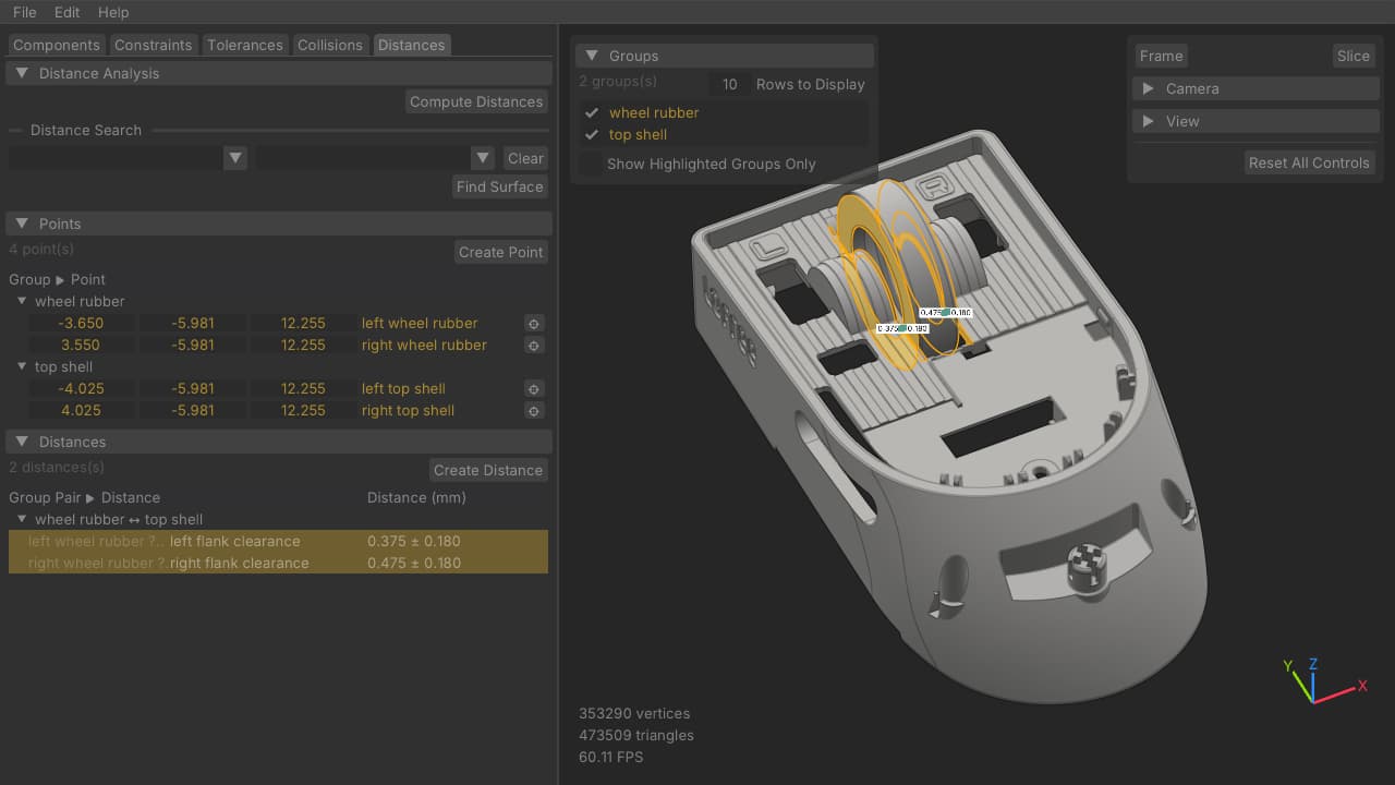 Actual StackUp 3D interface showing two selected wheel-to-housing measurements with illustrative tolerance inputs