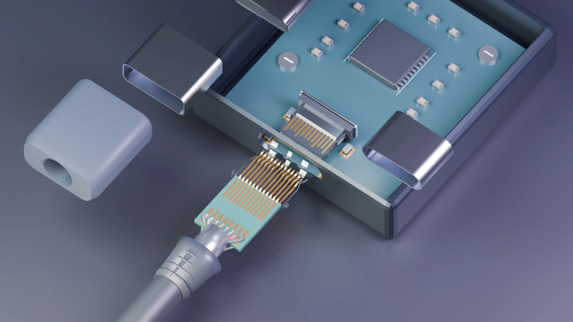 A USB-C cable and portable drive with shells and covers separated to clearly expose both gold contact arrays.