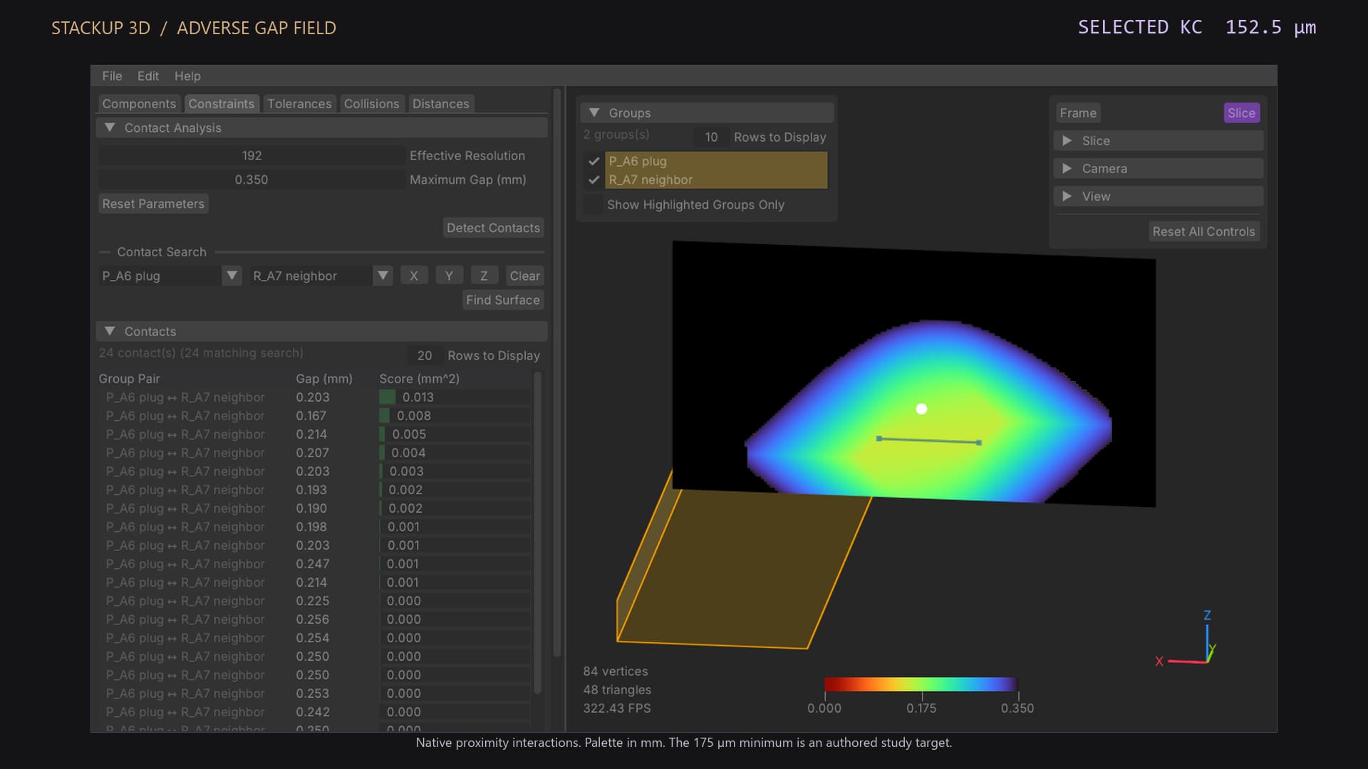 Actual StackUp 3D view of the adverse contact geometry, with a native proximity field and selected clearance of 152.5 micrometres.
