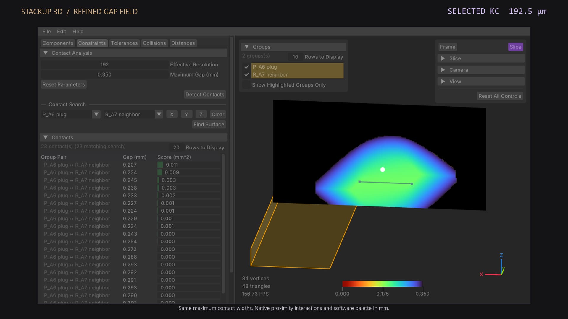 Actual StackUp 3D view of the refined contact geometry, with a native proximity field and selected clearance of 192.5 micrometres.