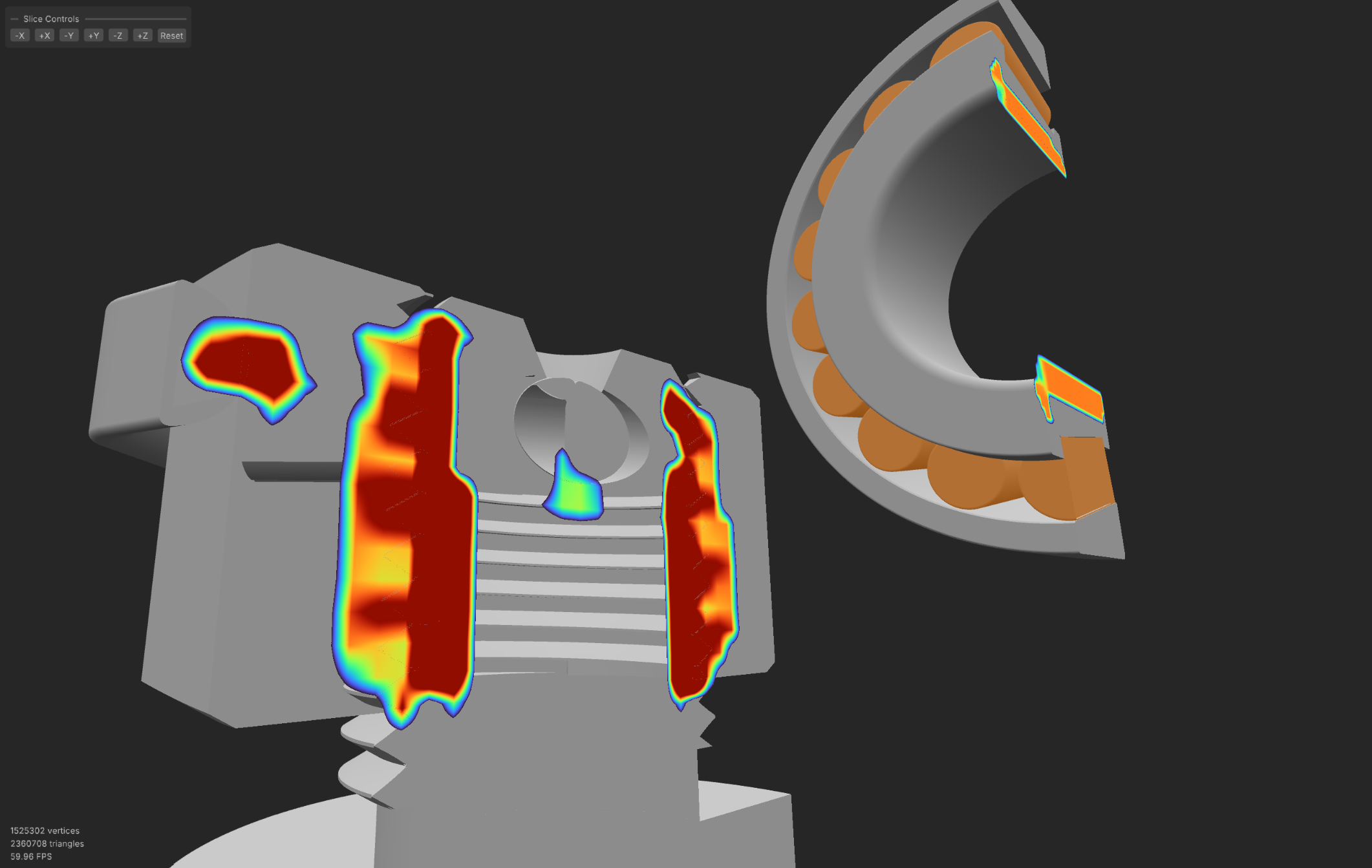 Gearbox cross-section showing tolerance variation heatmap