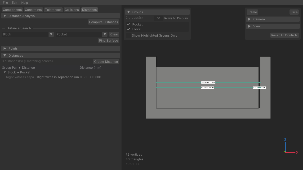 Actual StackUp 3D interface measuring the block and pocket’s 0.300 mm nominal gap