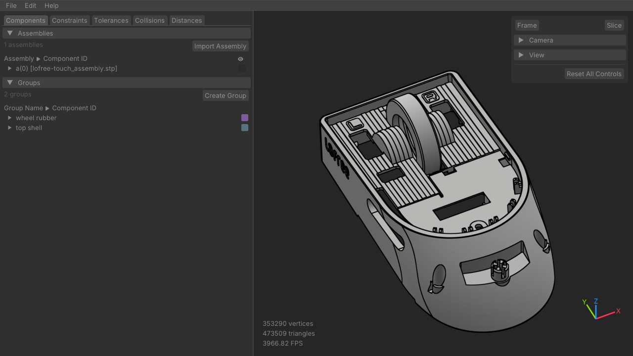Mouse wheel and housing shown as opaque CAD in StackUp 3D